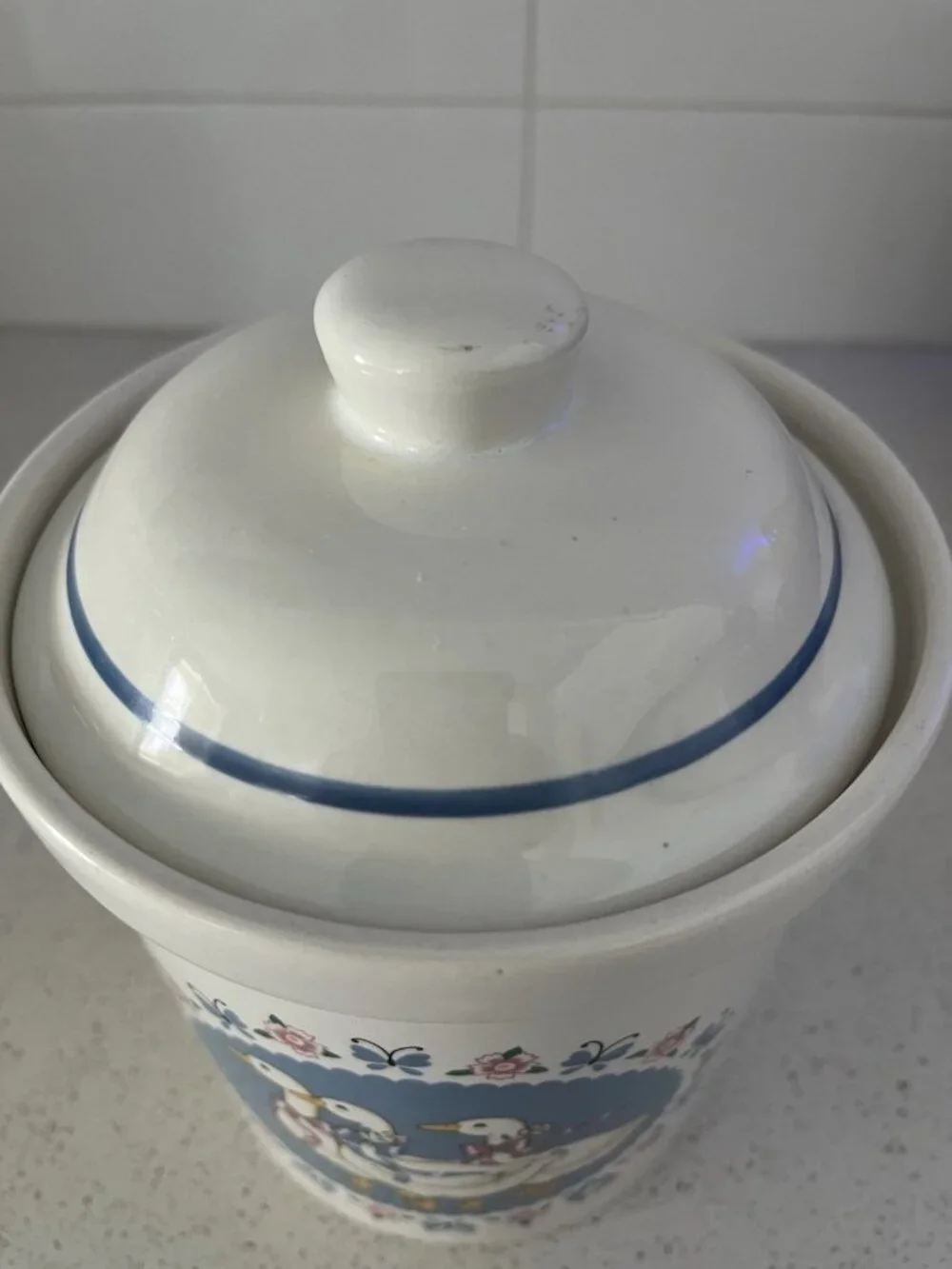 Treasure Craft Stoneware Ribbon Geese 7-1/4 Canister w lid Cottagecore Farmhouse